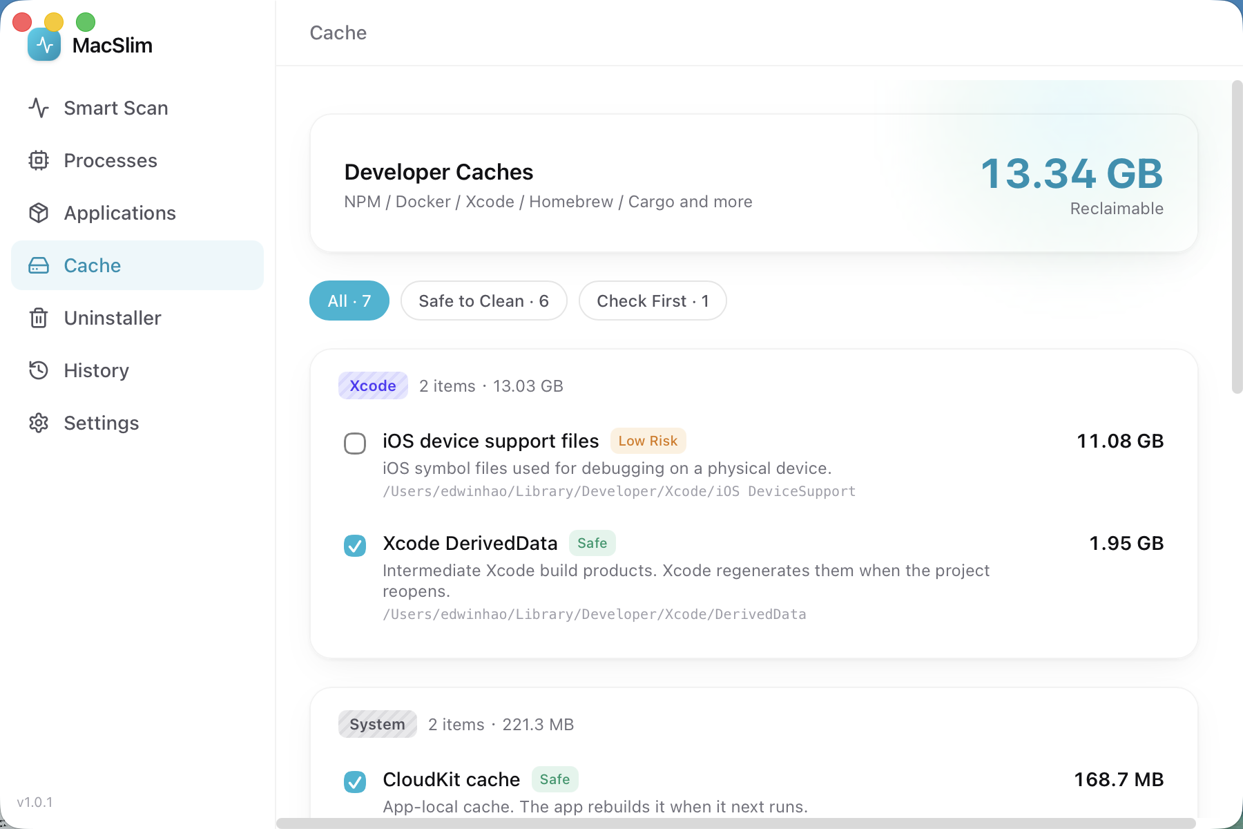 Cache cleaner: developer caches and system junk, grouped