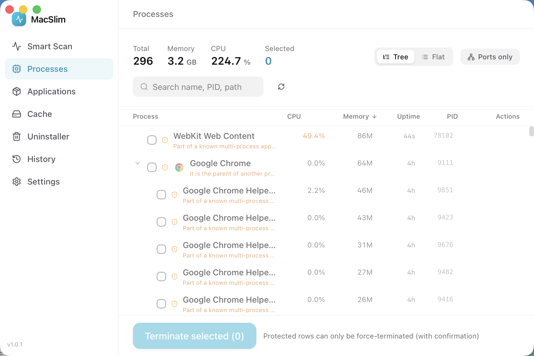 Process manager: sort, search and port filtering