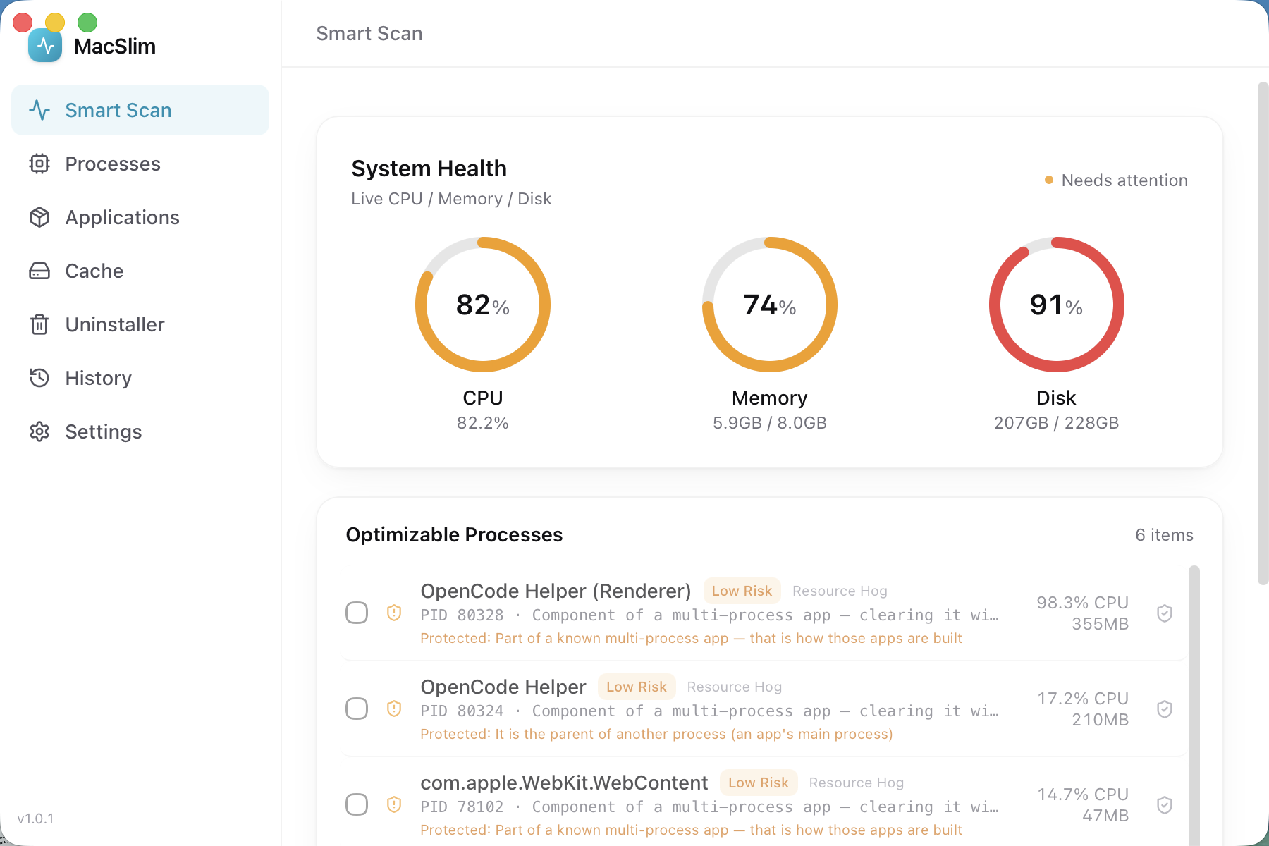 Smart scan: ring charts plus the list of what can be improved