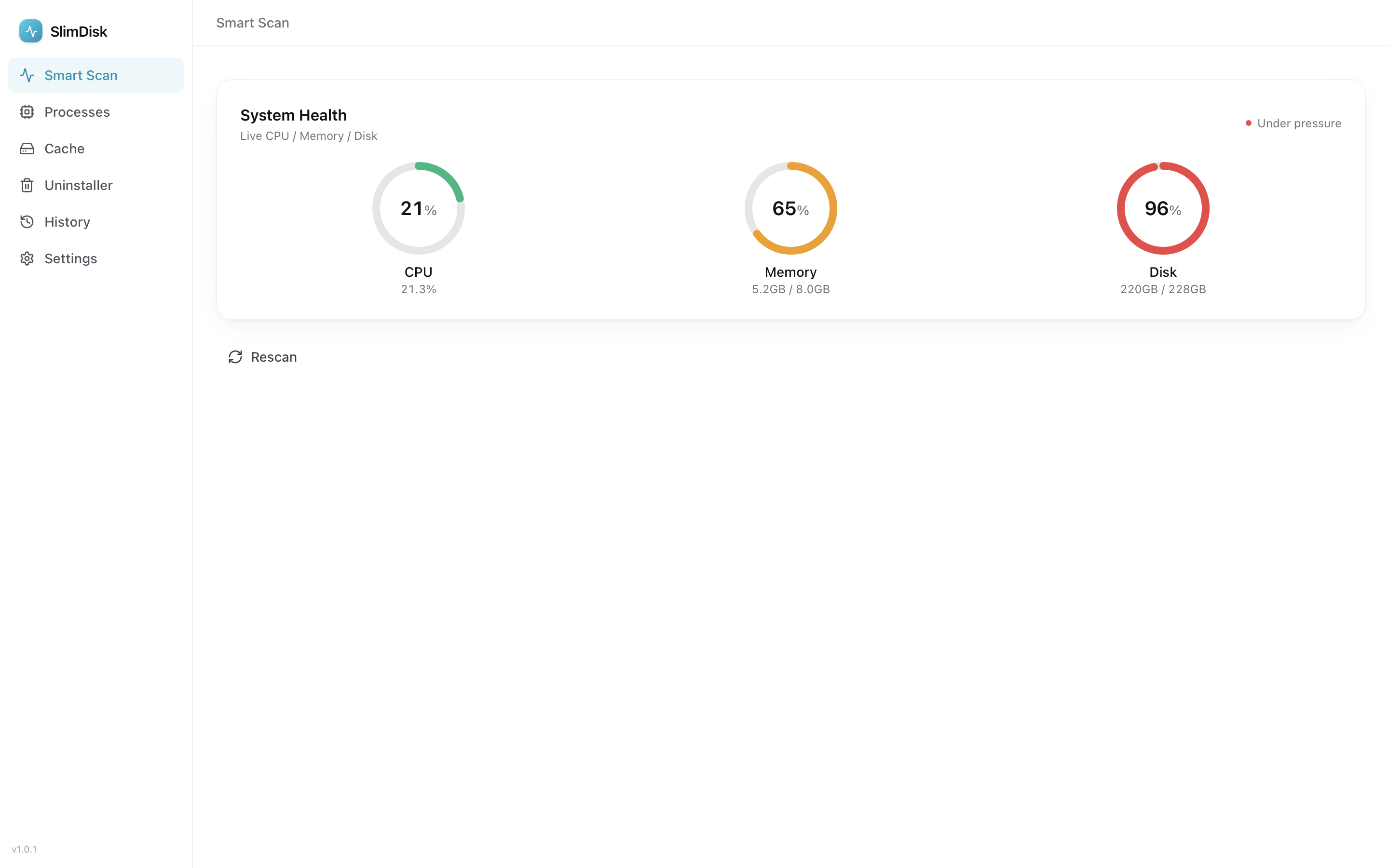 Smart scan: ring charts plus the list of what can be improved